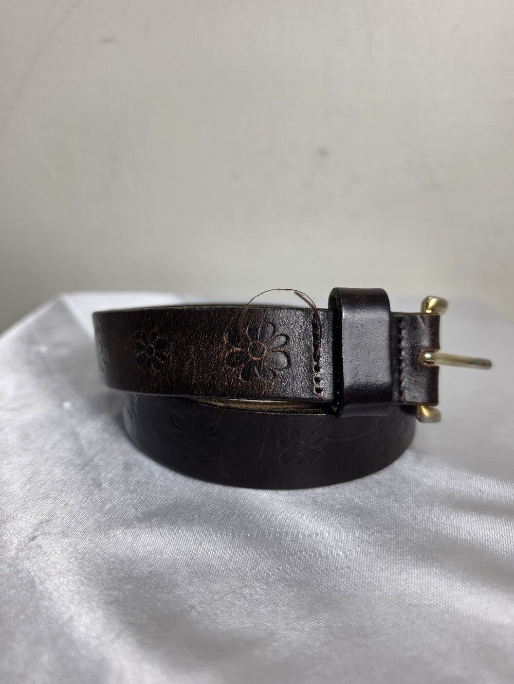 San Francisco Dark Brown Floral Embossed Leather Belt with Brass Buckle